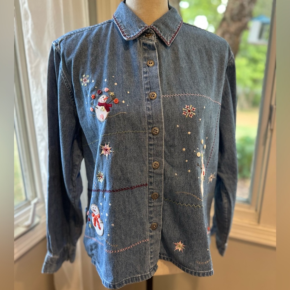 Vintage Embroidered Winter Snowman Denim Shacket ~Adorable